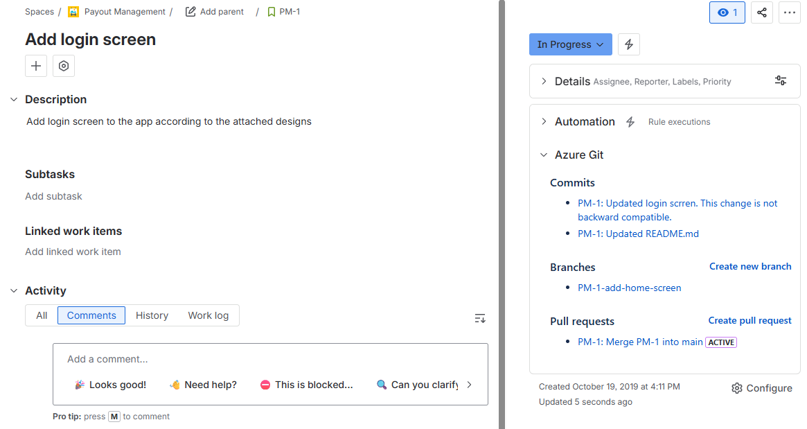 Azure Git Listener for Jira panel inside a Jira issue