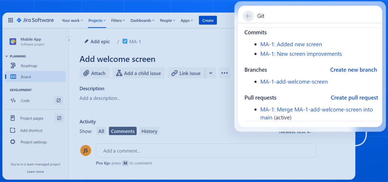 Git Listener panel on a Jira issue: commits, branches and pull requests with create actions
