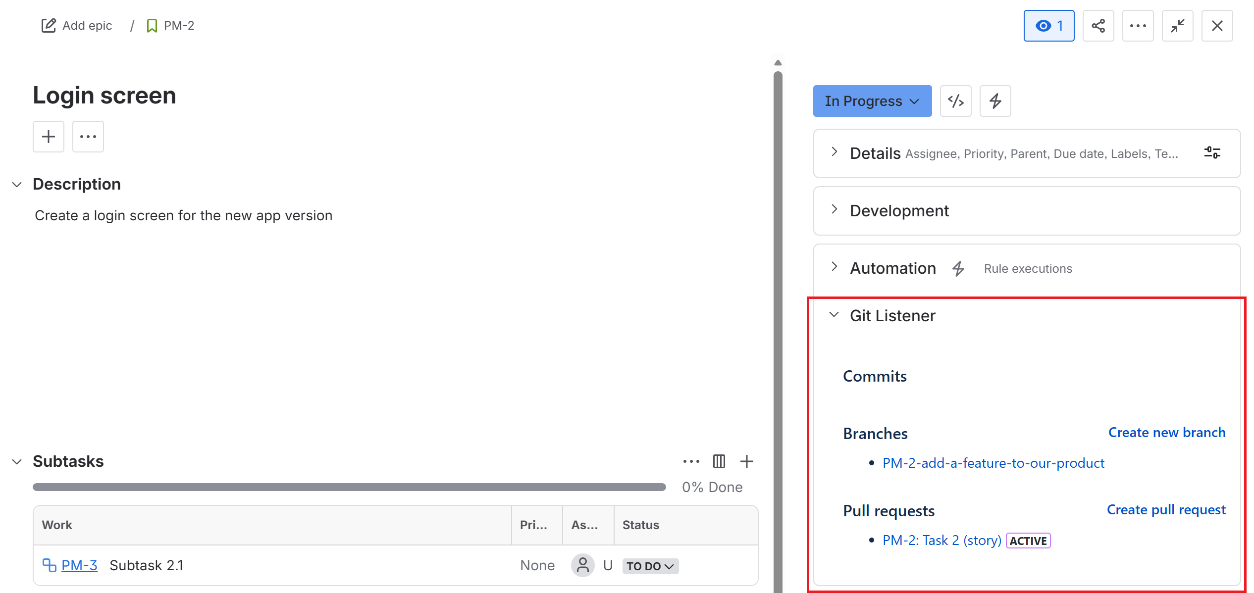 Git activity on a Jira issue